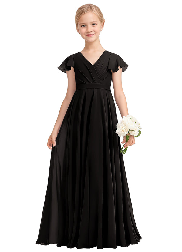 A-line V-Neck Floor-Length Chiffon Junior Bridesmaid Dress