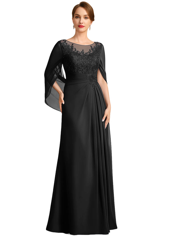 A-line Scoop Illusion Floor-Length Lace Chiffon Mother of the Bride Dress With Sequins Pleated