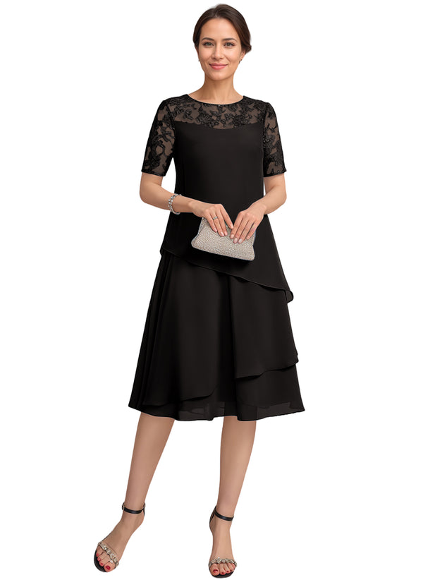 A-line Scoop Illusion Knee-Length Lace Chiffon Mother of the Bride Dress With Sequins