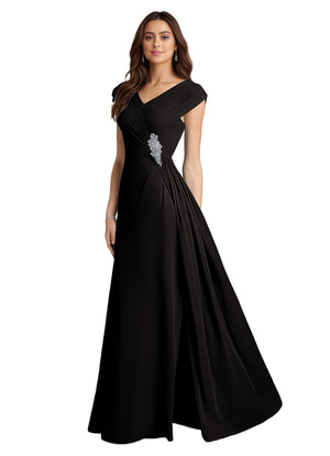 A-line V-Neck Floor-Length Chiffon Mother of the Bride Dress With Pleated Sequins
