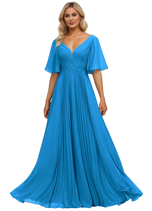 A-line V-Neck Floor-Length Chiffon Mother of the Bride Dress With Sequins Appliques Lace Pleated