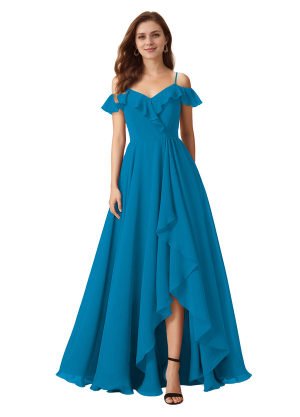 A-line Cold Shoulder Floor-Length Chiffon Bridesmaid Dress With Ruffle