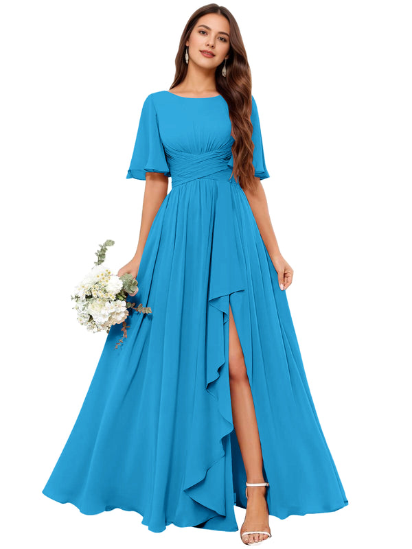 A-line Scoop Floor-Length Chiffon Bridesmaid Dress With Slit