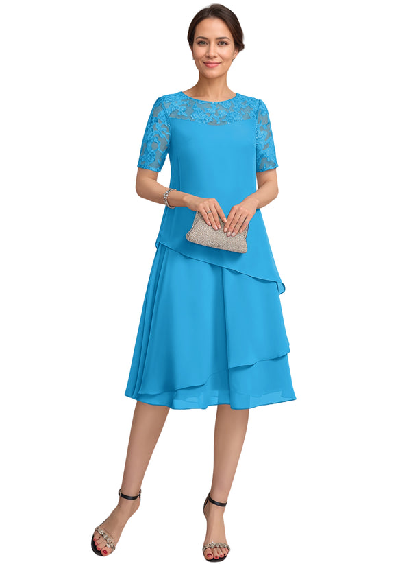 A-line Scoop Illusion Knee-Length Lace Chiffon Mother of the Bride Dress With Sequins