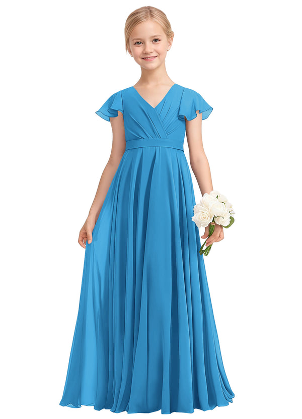 A-line V-Neck Floor-Length Chiffon Junior Bridesmaid Dress
