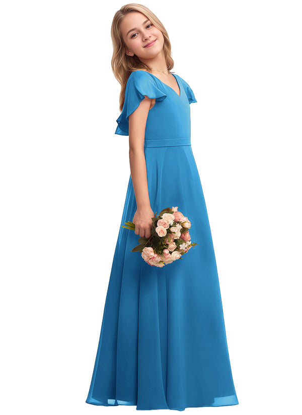 A-line V-Neck Floor-Length Chiffon Junior Bridesmaid Dress