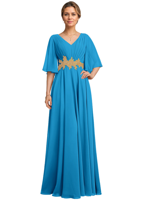 A-line V-Neck Floor-Length Chiffon Lace Mother of the Bride Dress With Sequins Beading