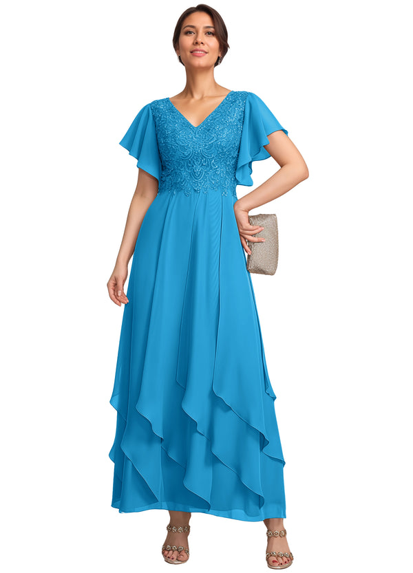 A-line V-Neck Ankle-Length Lace Chiffon Mother of the Bride Dress With Cascading Ruffles