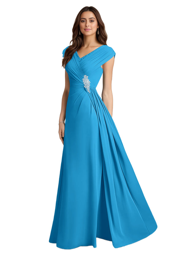 A-line V-Neck Floor-Length Chiffon Mother of the Bride Dress With Pleated Sequins