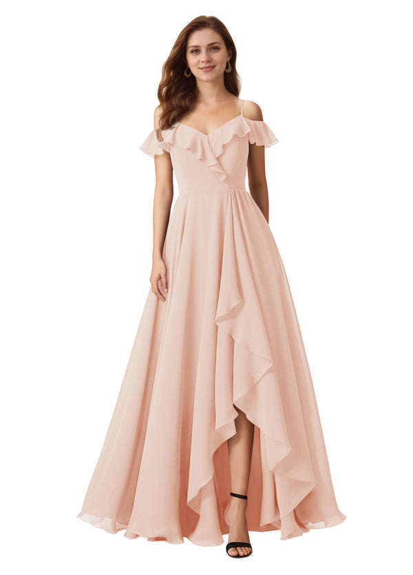 A-line Cold Shoulder Floor-Length Chiffon Bridesmaid Dress With Ruffle