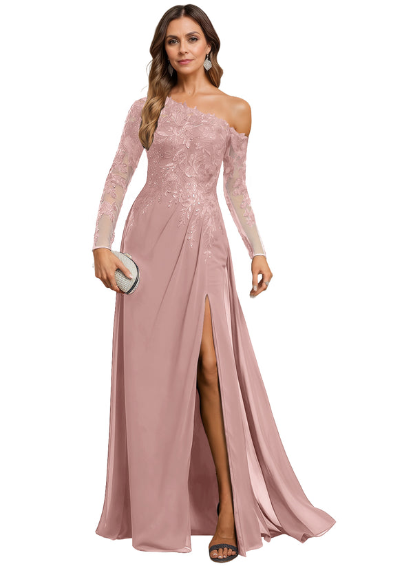 Trumpet/Mermaid Asymmetrical Illusion Floor-Length Lace Chiffon Evening Dress With Sequins