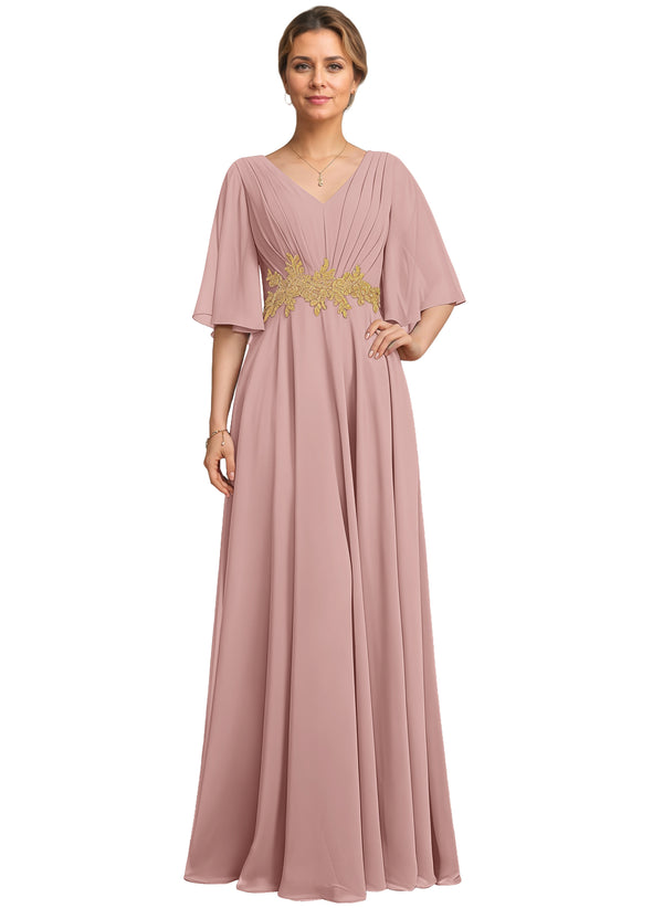 A-line V-Neck Floor-Length Chiffon Lace Mother of the Bride Dress With Sequins Beading