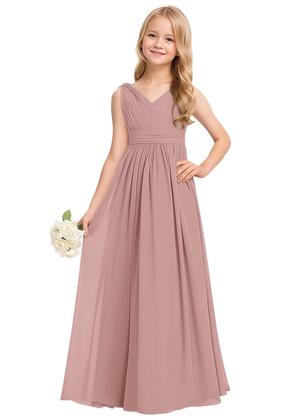 A-line V-Neck Floor-Length Chiffon Junior Bridesmaid Dress