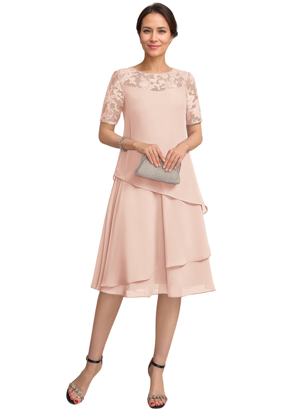 A-line Scoop Illusion Knee-Length Lace Chiffon Mother of the Bride Dress With Sequins