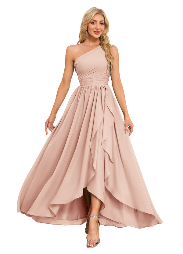 A-line One Shoulder Floor-Length Chiffon Bridesmaid Dress With Ruffle