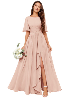 A-line Scoop Floor-Length Chiffon Bridesmaid Dress With Slit
