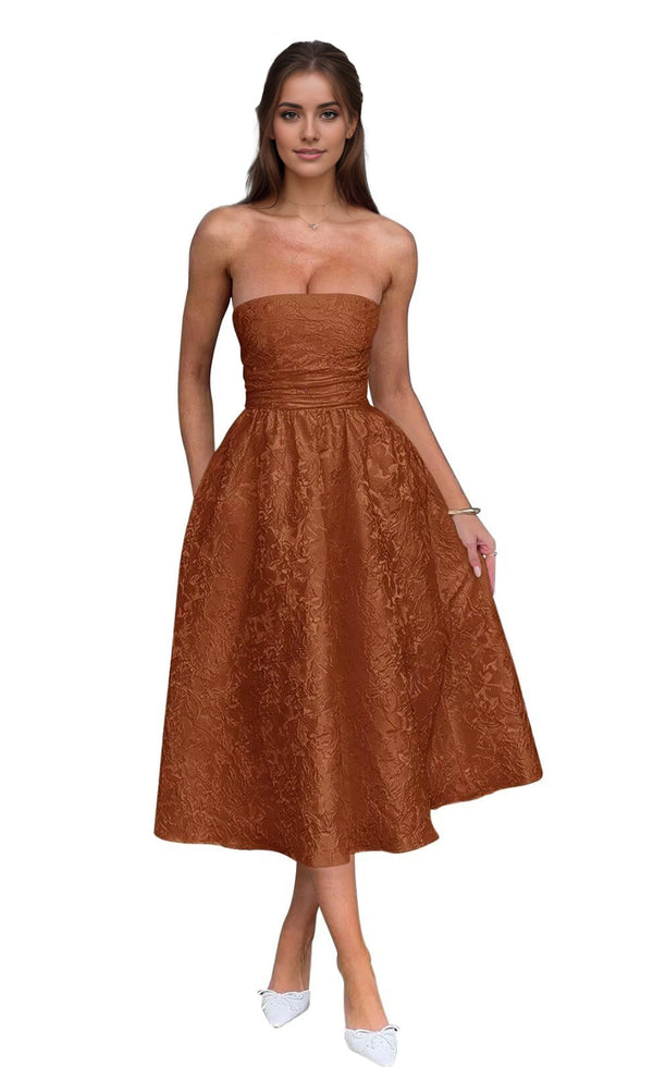 A-Line Strapless Tea-Length Jacquard Prom Dresses