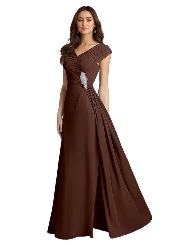 A-line V-Neck Floor-Length Chiffon Mother of the Bride Dress With Pleated Sequins