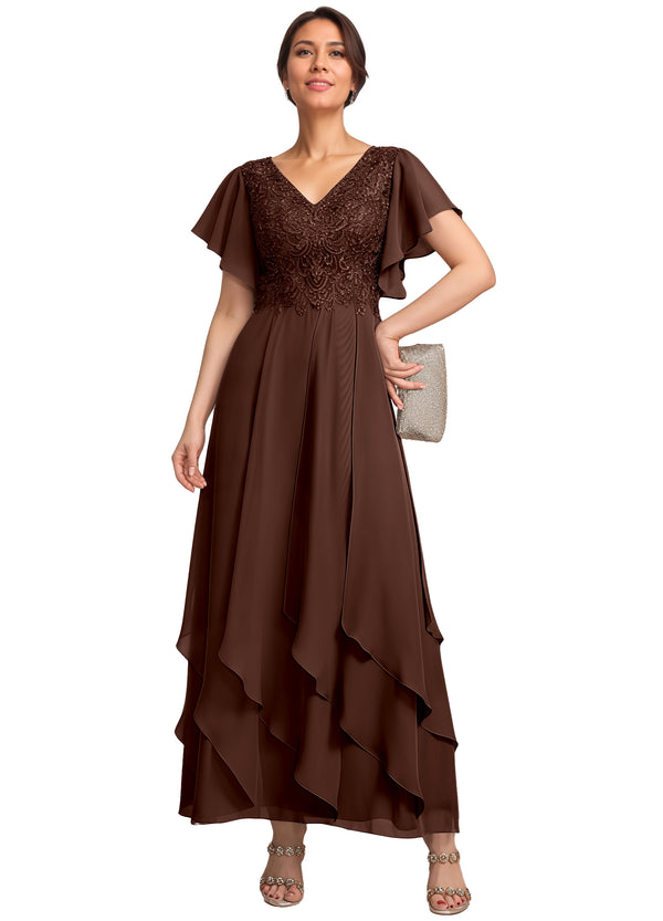 A-line V-Neck Ankle-Length Lace Chiffon Mother of the Bride Dress With Cascading Ruffles
