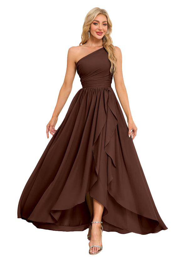 A-line One Shoulder Floor-Length Chiffon Bridesmaid Dress With Ruffle