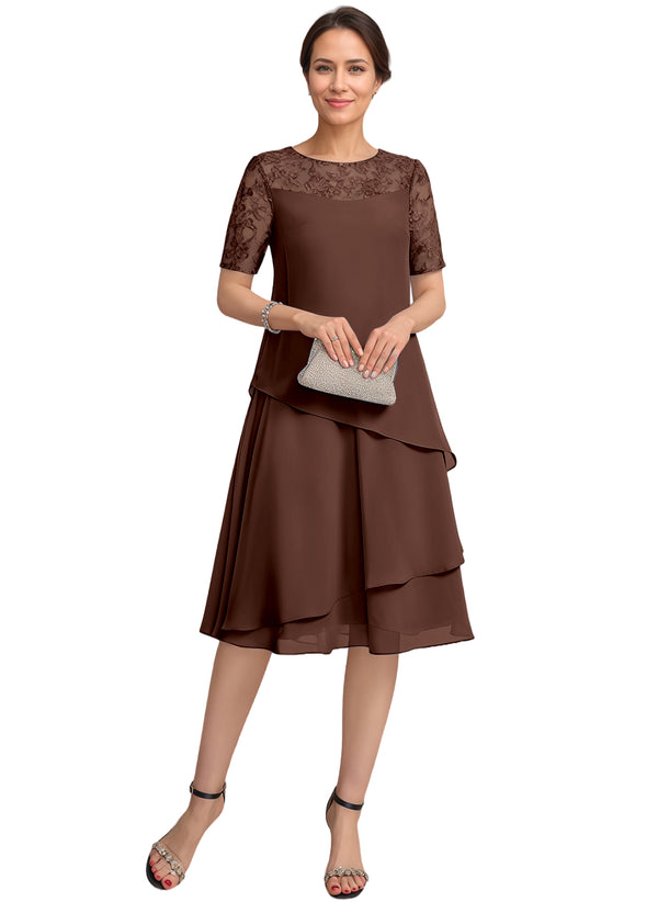 A-line Scoop Illusion Knee-Length Lace Chiffon Mother of the Bride Dress With Sequins