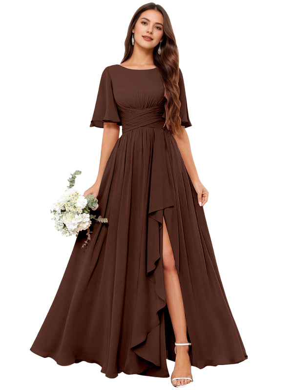A-line Scoop Floor-Length Chiffon Bridesmaid Dress With Slit
