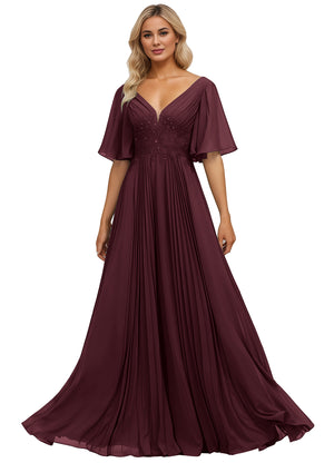A-line V-Neck Floor-Length Chiffon Mother of the Bride Dress With Sequins Appliques Lace Pleated