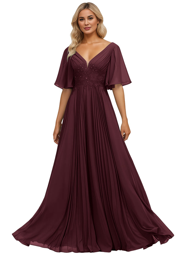 A-line V-Neck Floor-Length Chiffon Mother of the Bride Dress With Sequins Appliques Lace Pleated