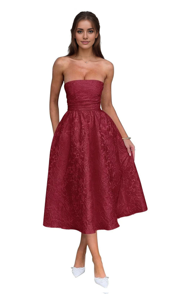 A-Line Strapless Tea-Length Jacquard Prom Dresses
