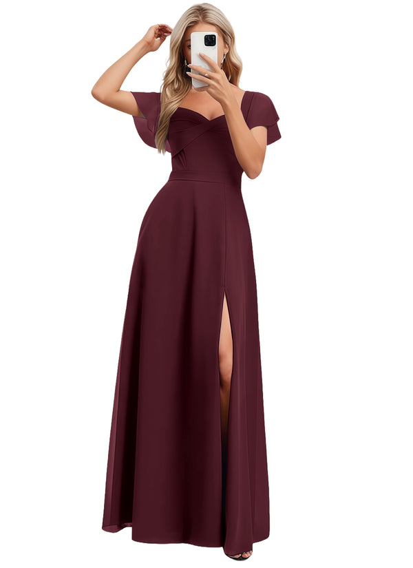 A-line V-Neck Floor-Length Chiffon Bridesmaid Dress With Ruffle