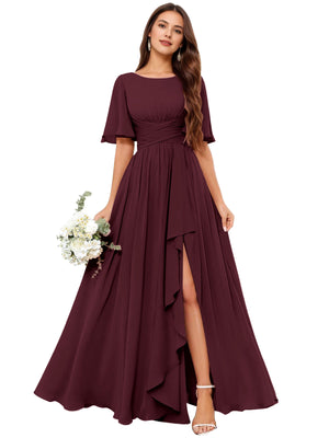 A-line Scoop Floor-Length Chiffon Bridesmaid Dress With Slit