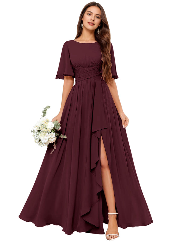 A-line Scoop Floor-Length Chiffon Bridesmaid Dress With Slit