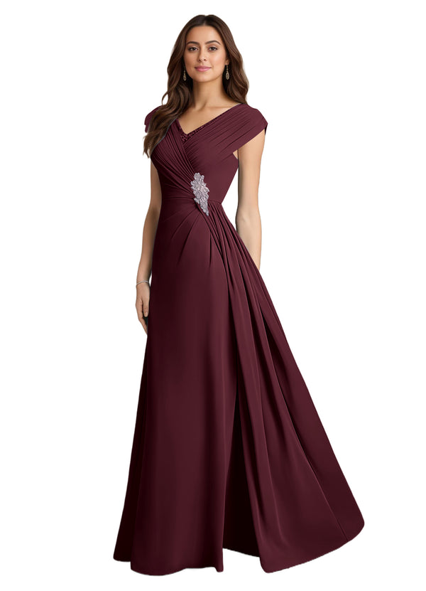 A-line V-Neck Floor-Length Chiffon Mother of the Bride Dress With Pleated Sequins