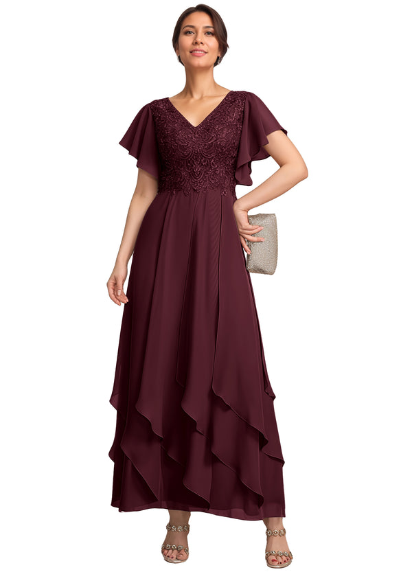 A-line V-Neck Ankle-Length Lace Chiffon Mother of the Bride Dress With Cascading Ruffles