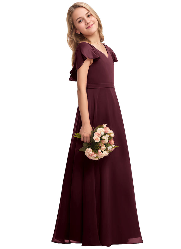 A-line V-Neck Floor-Length Chiffon Junior Bridesmaid Dress