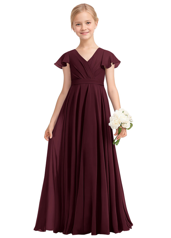 A-line V-Neck Floor-Length Chiffon Junior Bridesmaid Dress