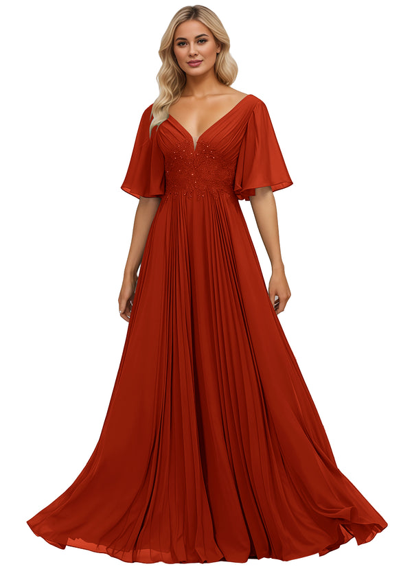 A-line V-Neck Floor-Length Chiffon Mother of the Bride Dress With Sequins Appliques Lace Pleated