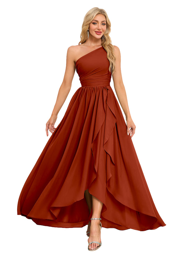 A-line One Shoulder Floor-Length Chiffon Bridesmaid Dress With Ruffle