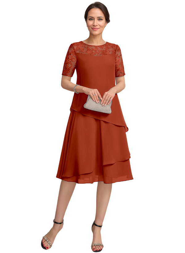 A-line Scoop Illusion Knee-Length Lace Chiffon Mother of the Bride Dress With Sequins