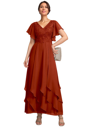 A-line V-Neck Ankle-Length Lace Chiffon Mother of the Bride Dress With Cascading Ruffles