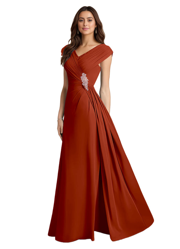 A-line V-Neck Floor-Length Chiffon Mother of the Bride Dress With Pleated Sequins