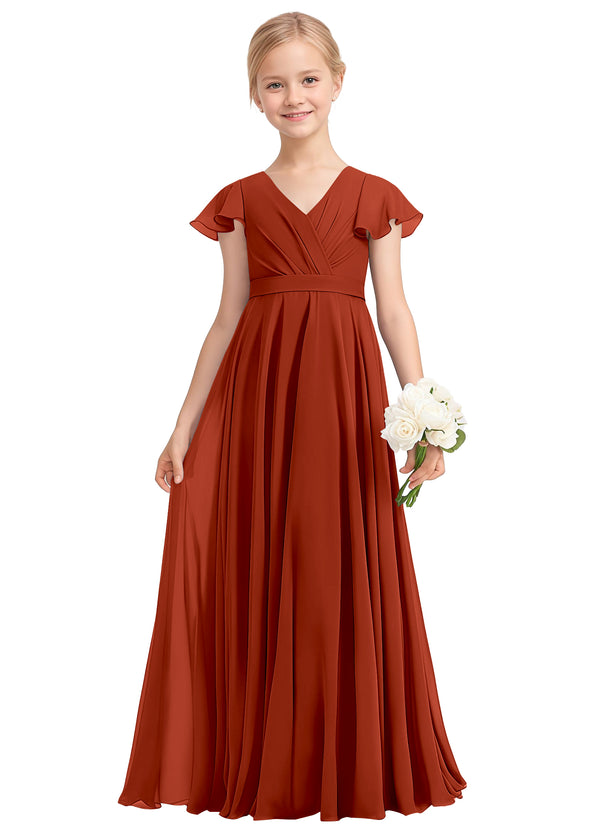 A-line V-Neck Floor-Length Chiffon Junior Bridesmaid Dress