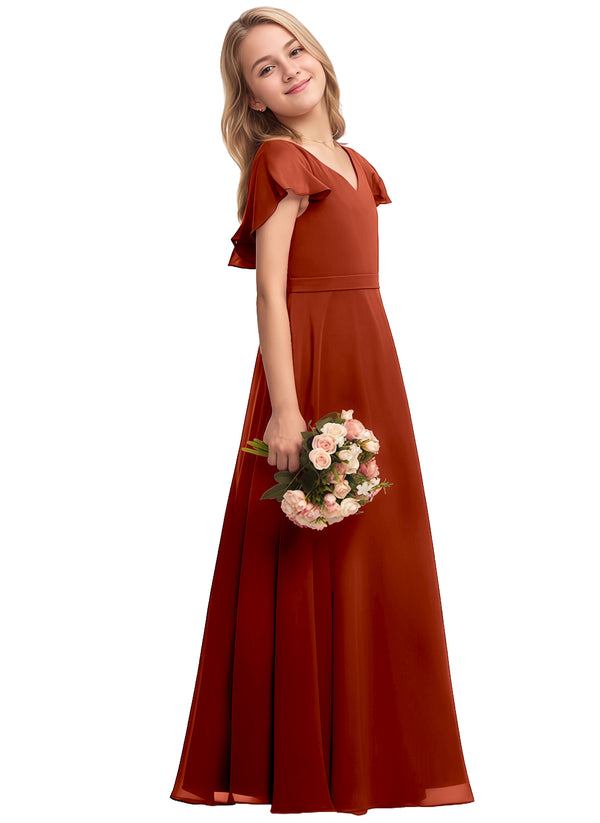 A-line V-Neck Floor-Length Chiffon Junior Bridesmaid Dress