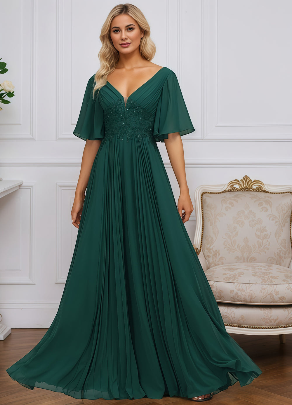 A-line V-Neck Floor-Length Chiffon Mother of the Bride Dress With Sequins Appliques Lace Pleated