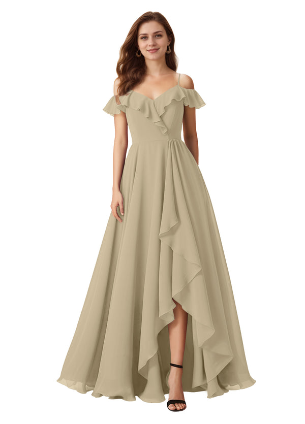 A-line Cold Shoulder Floor-Length Chiffon Bridesmaid Dress With Ruffle