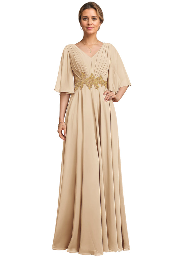 A-line V-Neck Floor-Length Chiffon Lace Mother of the Bride Dress With Sequins Beading