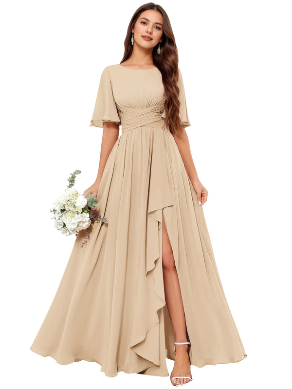 A-line Scoop Floor-Length Chiffon Bridesmaid Dress With Slit