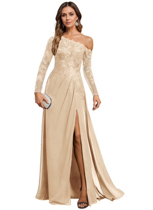 Trumpet/Mermaid Asymmetrical Illusion Floor-Length Lace Chiffon Evening Dress With Sequins