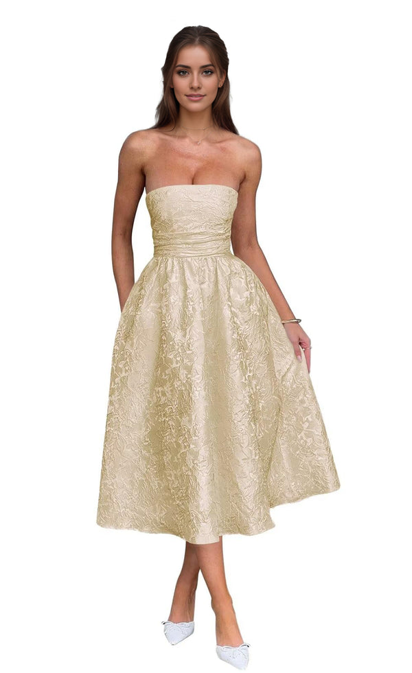 A-Line Strapless Tea-Length Jacquard Prom Dresses