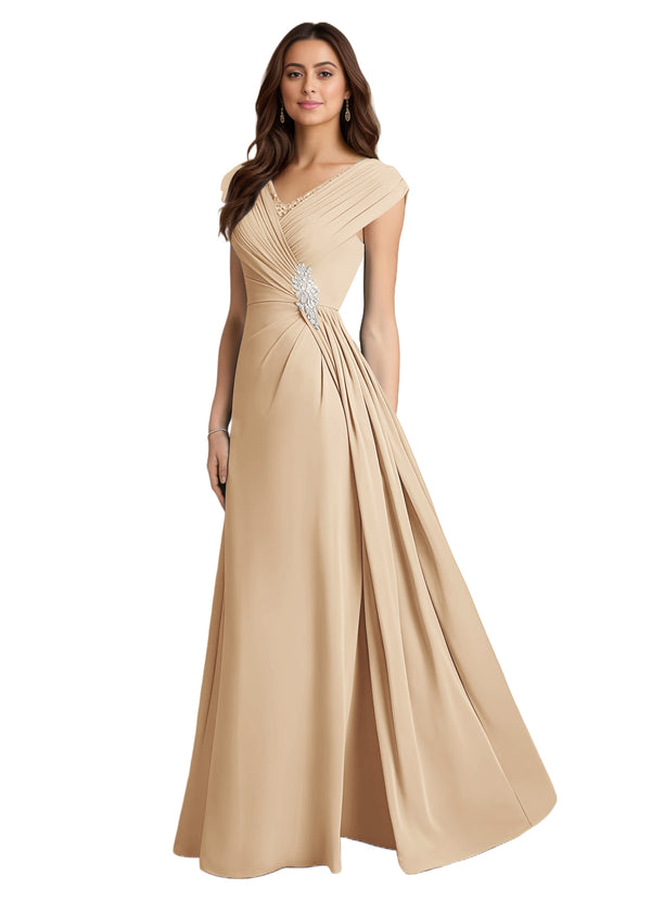 A-line V-Neck Floor-Length Chiffon Mother of the Bride Dress With Pleated Sequins